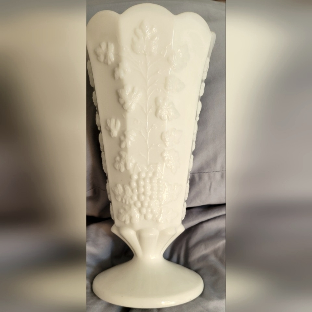Vintage milk glass grape design vase.